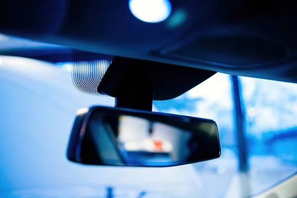Interior rear view mirror of new Tesla electric car — Stock Photo, Image