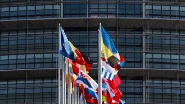 Ukrayna bayrağı Avrupa Bayrağı 'nın yanında dalgalanıyor ve bütün AB sendikası üyeleri parlamento binası önünde bayrak sallıyor. Rusya, Ukrayna 'nın büyük kentlerine büyük çaplı bir işgal başlattıktan bir hafta sonra saldırısına devam ediyor.