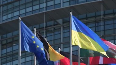 Ukrayna bayrağının yanındaki Avrupa bayrağı tüm Avrupa 'nın yanında dalgalanmakta ve tüm AB sendikası üyeleri parlamento binası önünde bayraklar taşımaktadır. Rusya, Ukrayna 'nın büyük kentlerine büyük çaplı bir işgal başlattıktan bir hafta sonra saldırısına devam ediyor.
