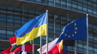 Avrupa Bayrağı 'nın yanında dalgalanan Ukrayna bayrağına yakın plan ve parlamento binası önünde tüm AB sendikası üyeleri bayraklar. Rusya, Ukrayna 'nın büyük kentlerine büyük çaplı bir işgal başlattıktan bir hafta sonra saldırısına devam ediyor.