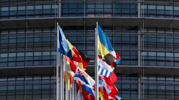Bendera Ukraina Berkibar Sebelah Bendera Eropa Dan Semua Anggota Uni — Stok Video