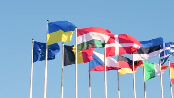 Bandeira Ucraniana Voa Lado Bandeira Europa Todos Membros União Europeia — Vídeo de Stock