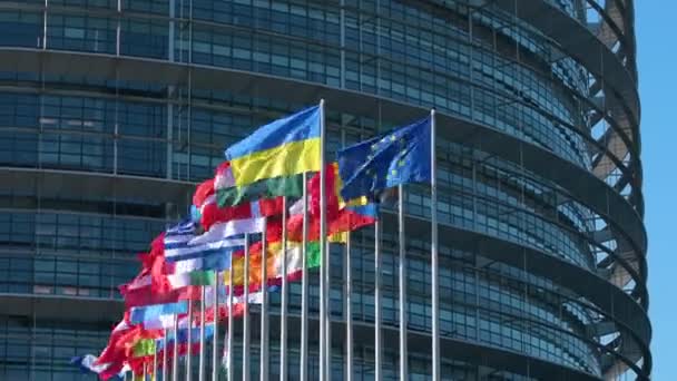 Bandeira Ucraniana Voa Lado Bandeira Europa Todas Bandeiras Dos Membros — Vídeo de Stock