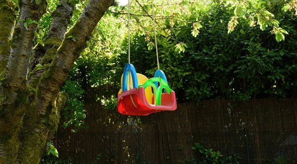 Baby swing in green garden hanged to old cherry — Fotografia de Stock