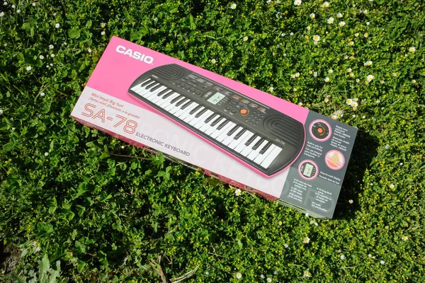 Cardboard package of new Casio SA-78 mini keyboard piano in green garden grass — Stockfoto