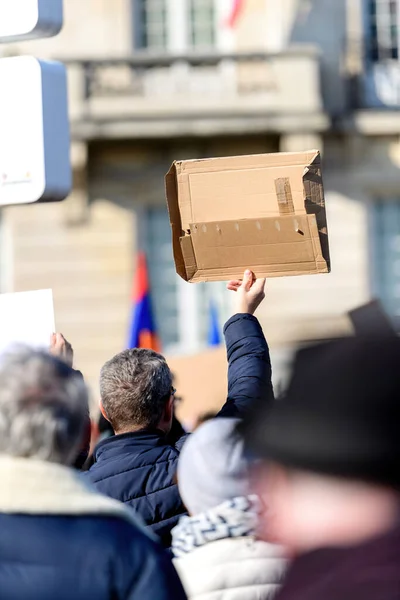 Rear View Senior Man Holding Blank Placard Carton Piece Protesting — Stockfoto