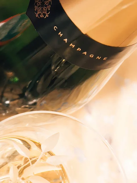 Champagne Signage Text Neck Bottle Next Crystal Glass Flute Warm — Zdjęcie stockowe