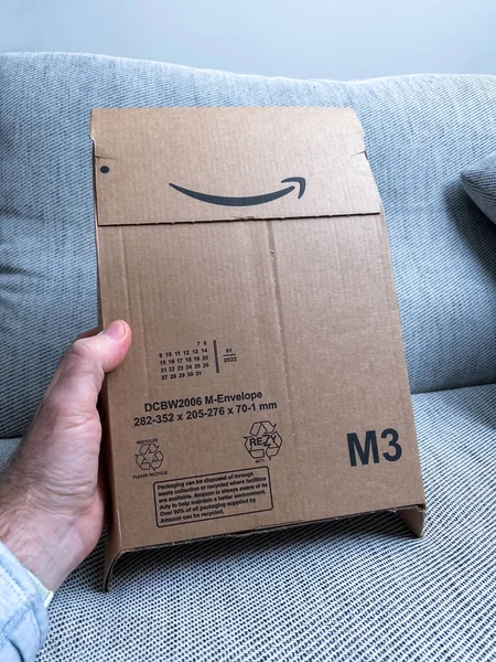 Paris France Jan 2022 Amazon Prime Cardboard Package Signage Recycled — Foto de Stock