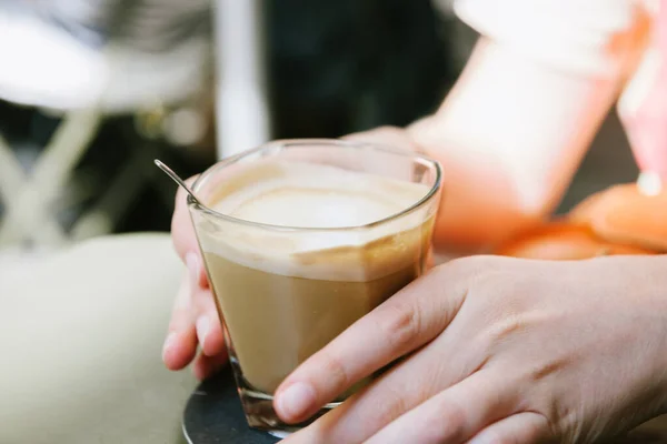 Woman Hands Holding Delicious Coffee Milk Glass — Foto Stock