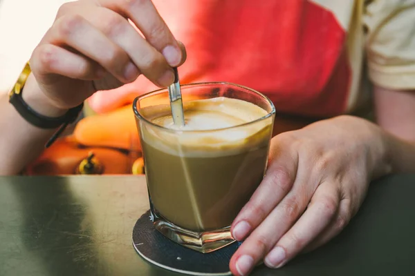 Front View Woman Hands Mixing Delicious Coffee Milk Glass — Foto Stock