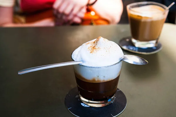 Delicious Cappuccino Glass Long Spoon Milky Foam — Zdjęcie stockowe