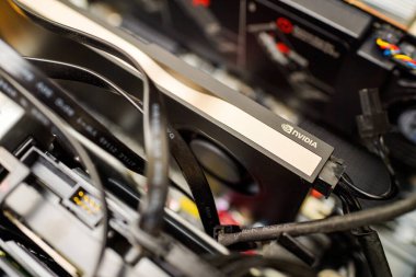 London, United Kingdom - Aug 5, 2022: NVIDIA logotype as seen on the new powerful GPU RTX A4000 inside the powerful workstation