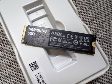 Paris, France - Apr 8, 2022: New unboxed Samsung 980 Pro NVME ssd hard disk drive for the personal computer or mac Apple upgrade
