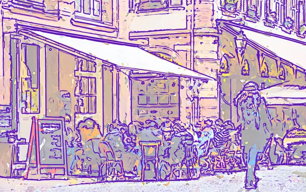 Drawn City Silhouette People Restaurant Terraces Metaverse Conceptual Reality Imagination — Stockfoto