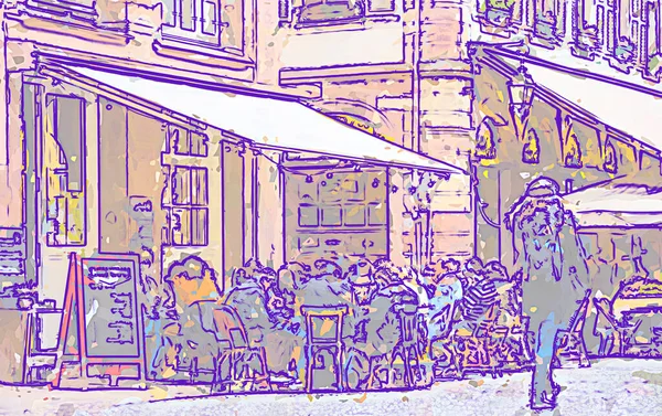 Drawn city with silhouette of people at restaurant terraces in metaverse conceptual reality imagination virtual and real world - cybersapce hypothesized iteration of the internet, supporting