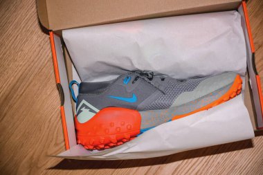 Hilversum, Netherlands - May 5, 2022: Package containing pair of new Nike Wildhorse 7 - men trail running shoes
