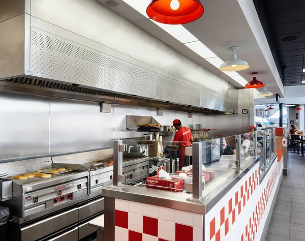 Paris France Sep 2022 Young Worker Preparing Burgers French Fries — Stock Photo, Image