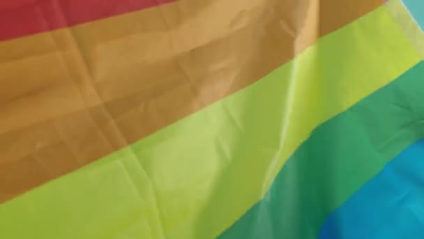 Lgbtq标志代表同性恋 同志骄傲彩虹旗飘扬 Lgbtq的旗帜在风中飘扬 同性恋旗帜的背景 彩虹旗四千块真正的面料七种颜色 反对仇视同性恋国际日 — 图库视频影像