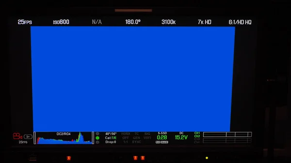 Video recording screen. Professional camera viewfinder frame on monitor screen. Screen showing status of red green blue color graph FPS and ISO number and setting data for videographer. film industry.