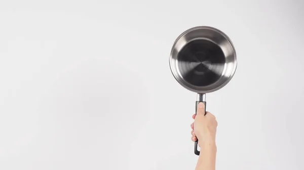 Limpieza Macetas Mano Hombre Sobre Fondo Blanco Limpiando Olla Antiadherente — Foto de Stock