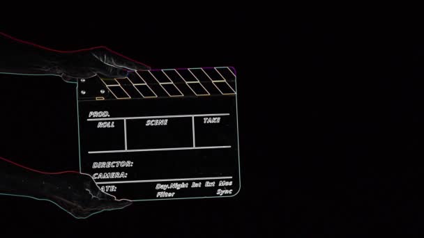 映画クラッパーボード ハリウッド映画監督 フィルムクルーはビデオ録画でフィルムスレートを保持し 拍手します カットアクションや視覚効果やシーンプロップに使用します 映画製作のクラッパー — ストック動画