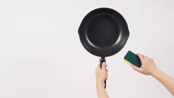 Cleaning Electric Non Stick Pan Hand White Background Cleaning Non — Foto de Stock