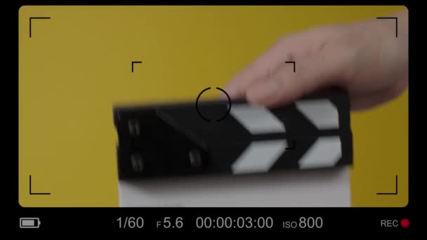 Movie Slate Clapperboard Hitting Close Hand Holding Empty Film Slate — стоковое видео