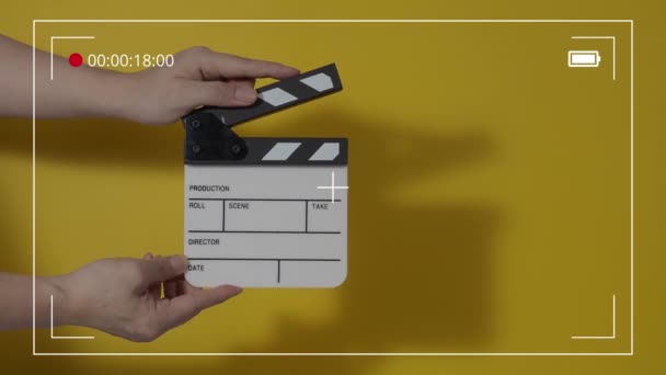 Movie Slate Clapperboard Hitting Close Hand Holding Empty Film Slate — стоковое видео