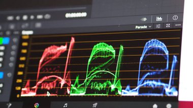 Renk derecelendirme grafiği veya RGB renk düzeltme göstergesi prodüksiyon sonrası monitörde. Video ya da film yapımında telekinezi aşaması. Dijital filmdeki renkleri düzenlemek veya ayarlamak için.