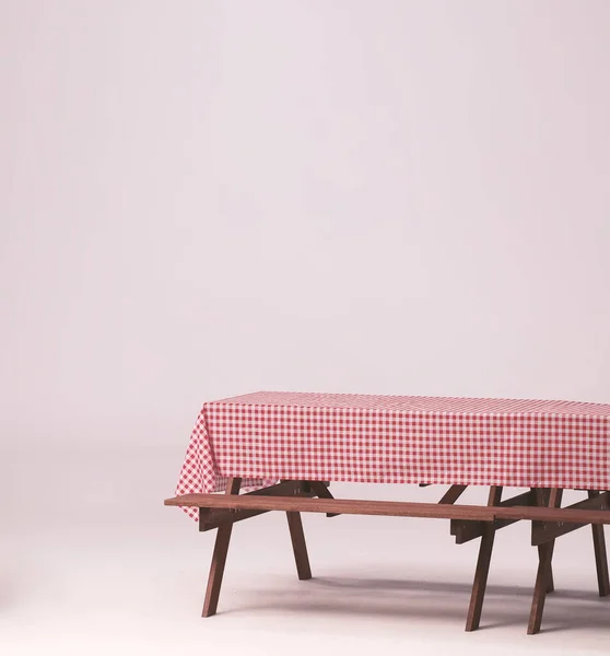 ピクニックテーブルと屋外パーティーのための食べ物や飲み物と赤いチェッカー付きテーブルクロス 隔離された白い背景 夏のピクニック活動のための食品やバーベキューグリルストーブと木製のパーティーテーブル — ストック写真