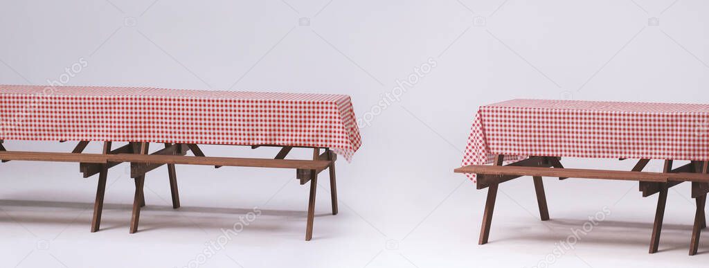 Picnic table and red checkered tablecloth with food and drink for outdoor party. Isolated white background. Wooden party table with foods and BBQ grills stove for summer picnics activities. Isolate.