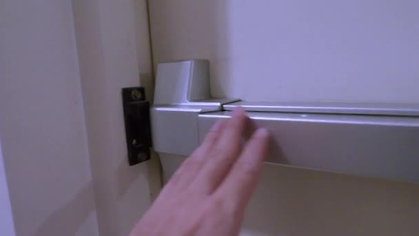 Fire Exit Door Man Hand Open Fire Door Staircase Hallway — Stock Video