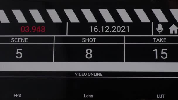 デジタルフィルムスレート 映画のクラッパーボードインターフェース 映画や撮影の前にデジタル番号が実行され カウントします ビデオレコーディングやVdo制作のためのクラッパーボードです 映画産業ツール — ストック動画