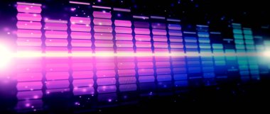 Ses eşitleyici. Monitörde müzik ses elemanının dalga deseni var. Dijital dengeleyici. Modern şarkı dengeleyicileri koyu arkaplan. Müzik müziğinin renkli dalga biçimi. Müzik eşitleyicileri görüntüleyici. 