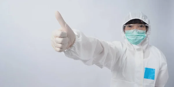 Médico Traje Ppe Con Guantes Goma Médica Blanca Gafas Transparentes —  Fotos de Stock