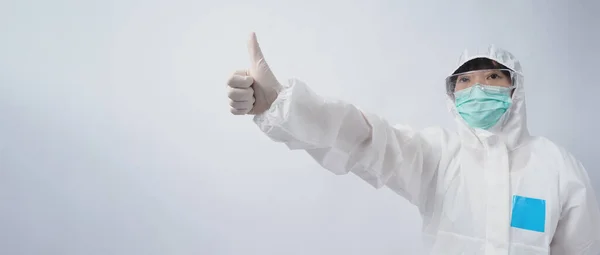 Dokter Ppe Pak Draagt Witte Medische Rubberen Handschoenen Een Heldere — Stockfoto