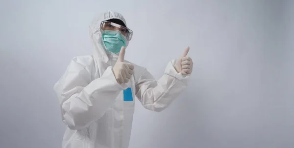 Läkare Ppe Kostym Bär Vita Medicinska Gummihandskar Och Klara Glasögon — Stockfoto