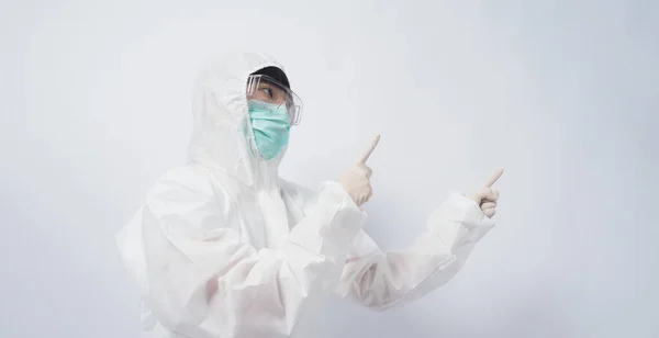 Doctor Ppe Suit Wearing White Medical Rubber Gloves Clear Goggles — Stock Photo, Image