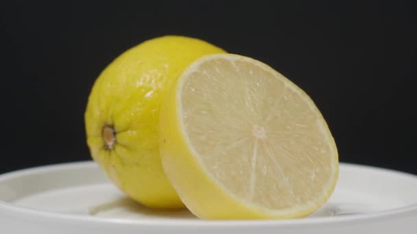 Delicious Lemon Moving Turntable Tasty Lemons Isolate Black Background Whole — стоковое видео