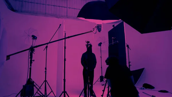 Studio Video Produkce Osvětlení Set Zákulisí Natáčení Produkce Vytvořené Týmovou — Stock fotografie