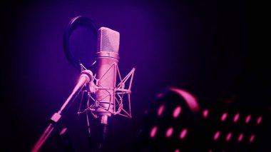 Professional microphone and anti vibration on mic stand. Microphone in sound studio production. Close up microphone and Shock mount pop filter at studio. Condenser mic against dark and copy space.