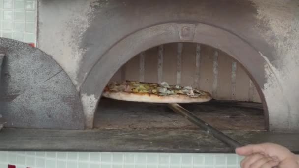 Pizza Homemade Brick Oven Stone Stove Traditional Italian Pizza Cooked — Stock Video