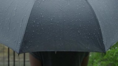 Gri şemsiyeye yağmur yağıyor. Bangkok 'ta akşam yağmurunda gümüş şemsiye. Şemsiyeye düşen yağmur damlaları. Kötü kış yağmurlu mevsimi ya da korunmayı temsil ediyor. Yağmurda insan ve şemsiye.
