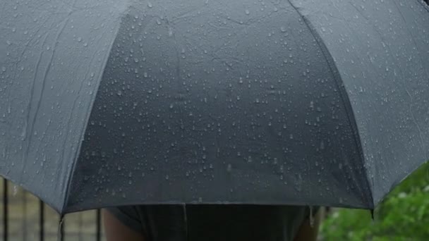 グレーの傘に雨 夜のバンコクの雨の中で銀の傘 傘の上に雨が降る 悪天候の冬の雨季や保護を表します 雨の中の人と傘 — ストック動画