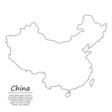 Çin 'in basit dış hat haritası, çizim çizgisi biçiminde vektör silueti