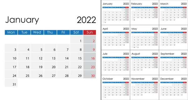 Einfacher Kalender 2022 Auf Englisch Wochenstart Montag Vektorvorlage — Stockvektor