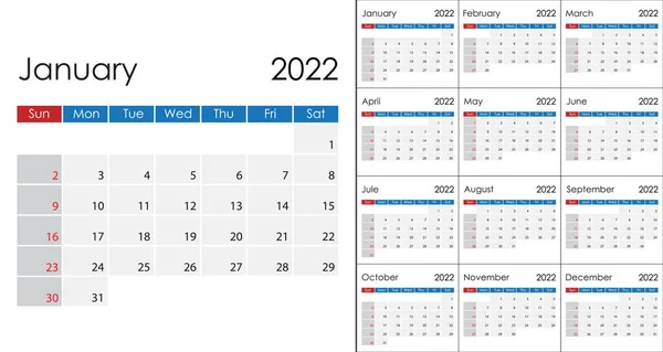 Simple Calendar 2022 Czech Language Týden Začíná Neděli Šablona Vektoru — Stockový vektor