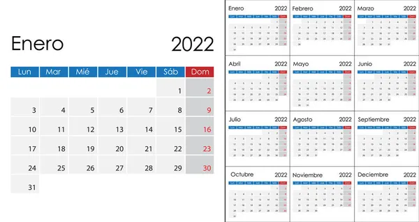 Calendrier Simple 2022 Sur Langue Espagnole Semaine Commence Lundi Modèle — Image vectorielle