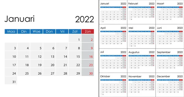 Calendrier Simple 2022 Sur Langue Néerlandaise Semaine Commence Lundi Modèle — Image vectorielle