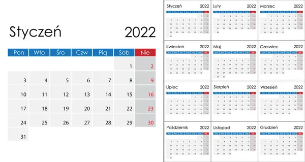 Einfacher Kalender 2022 Auf Polnisch Wochenstart Montag Vektorvorlage — Stockvektor